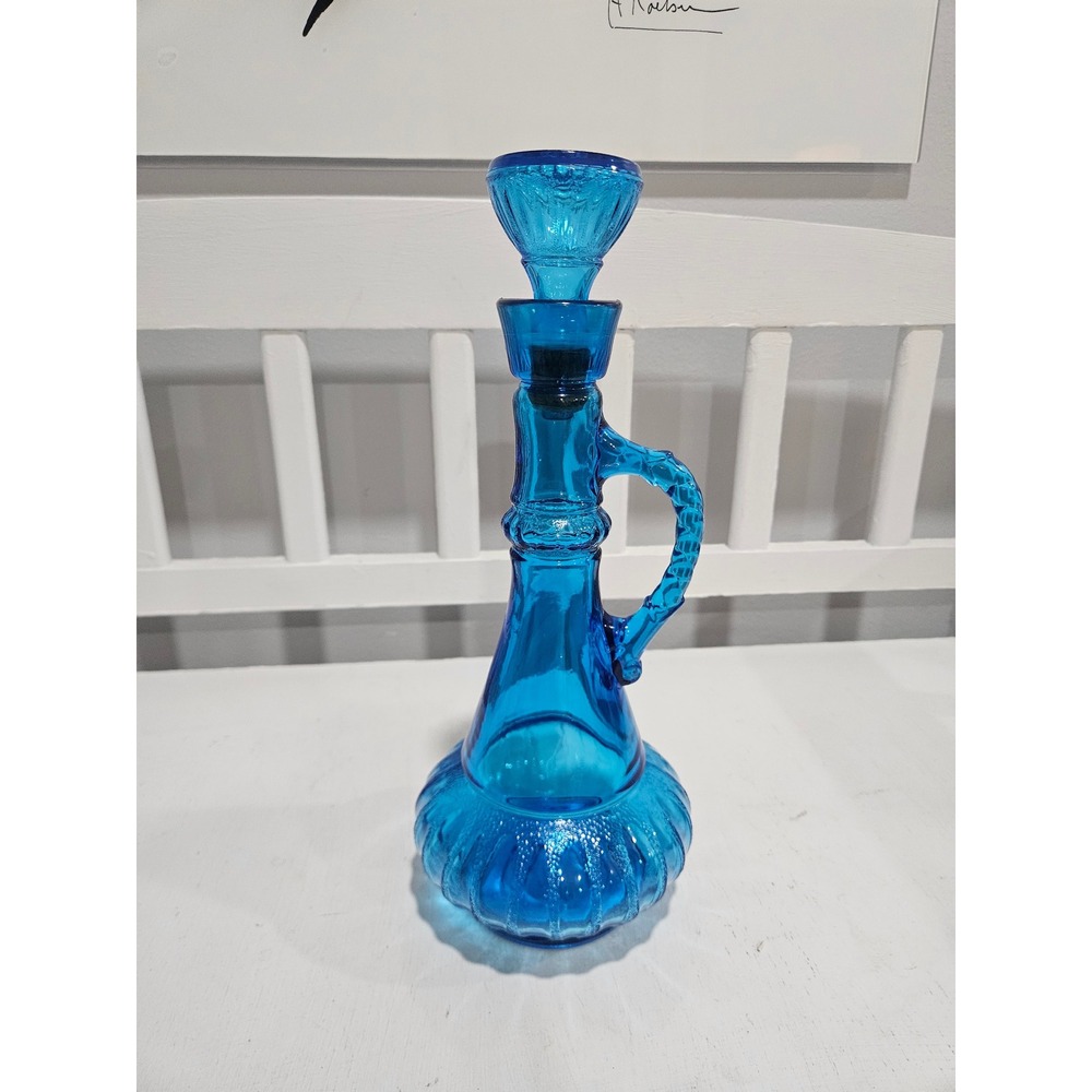 Vintage 1970's Jim Beam Glass Genie Bottle Whiskey Decanter Blue w/Stopper